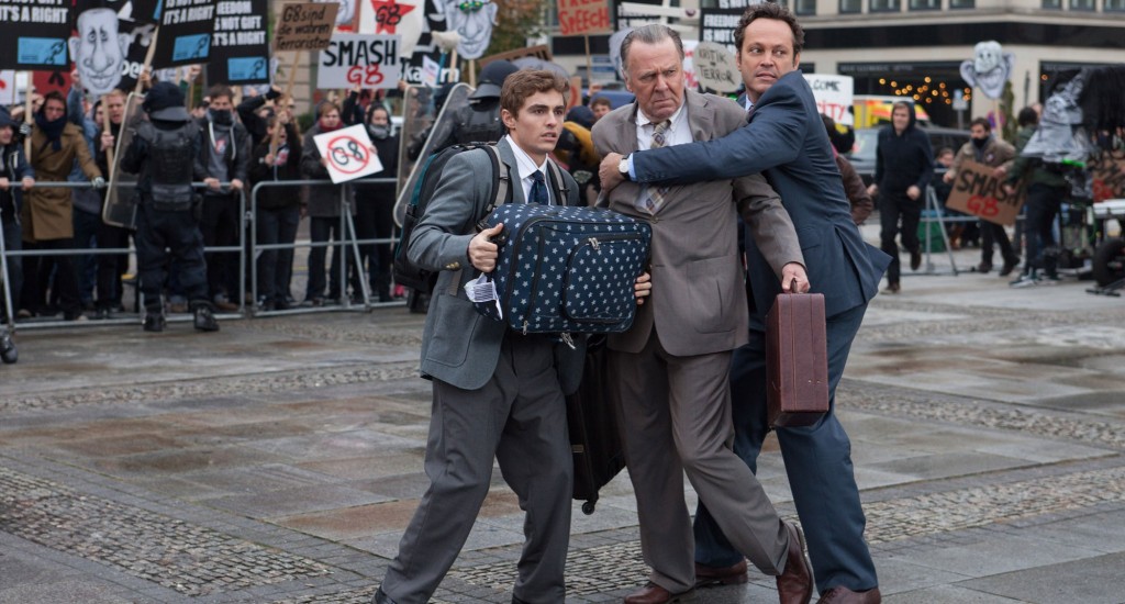 Above: Dave Franco, Tom Wilkinson and Vince Vaughn star in "Unfinished Business." Stock Photo.